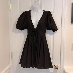 HOUSE OF HARLOW 1960 Black Linen blend Puffy Sleeve V Neck Party Dress size 0